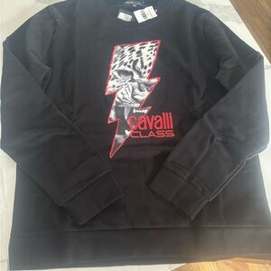 Cavalli Class Black Sweatshirt with Leopard and Red Accents